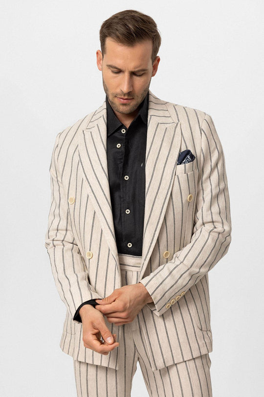 Men's Ecru-Black Linen Blend Double-Breasted Jacket - Wessi