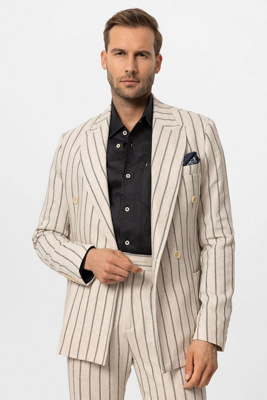 Men's Ecru-Black Linen Blend Double-Breasted Jacket - Wessi