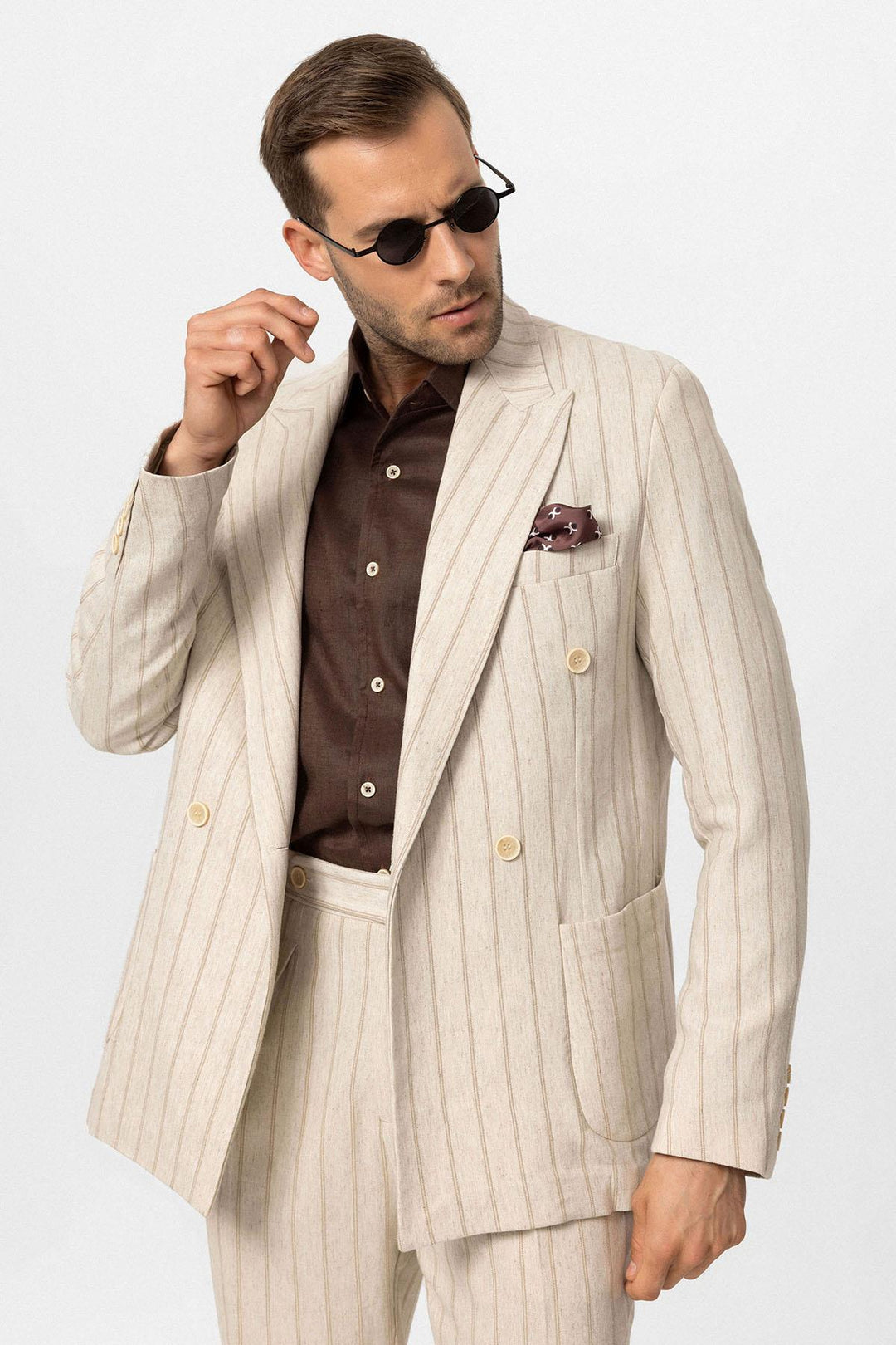 Men's Ecru-Mink Vizon Linen Blend Double-Breasted Jacket - Wessi