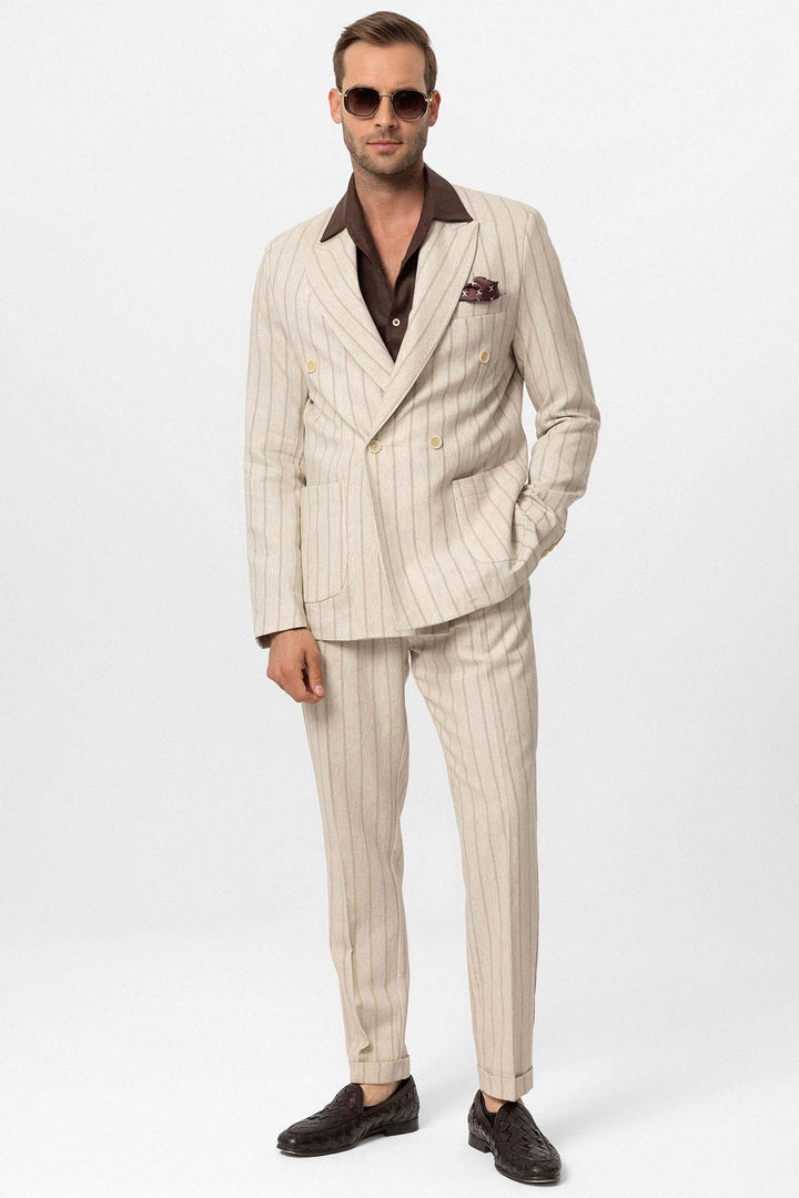 Men's Ecru-Mink Vizon Linen Blend Double-Breasted Jacket - Wessi