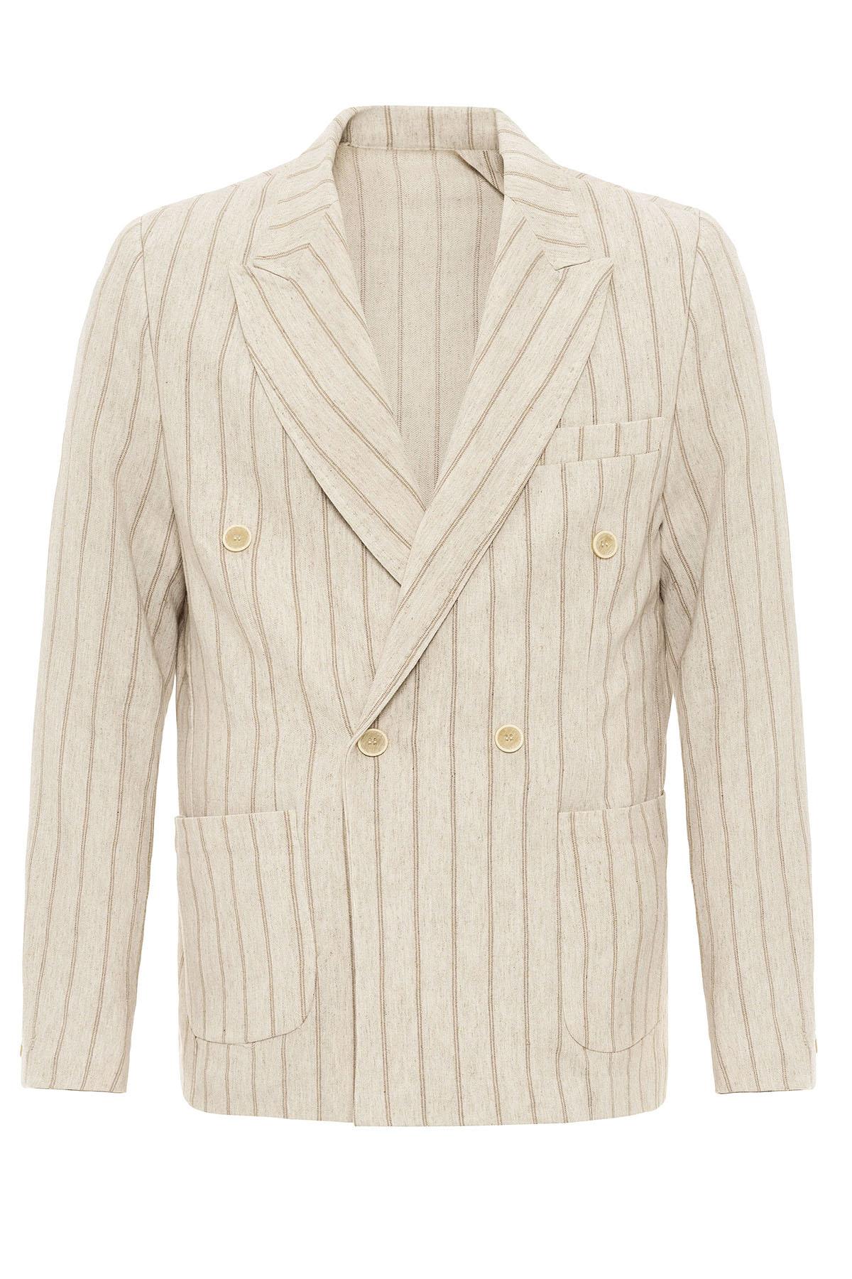 Men's Ecru-Mink Vizon Linen Blend Double-Breasted Jacket - Wessi