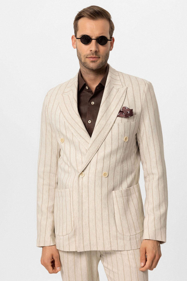 Men's Ecru-Mink Vizon Linen Blend Double-Breasted Jacket - Wessi