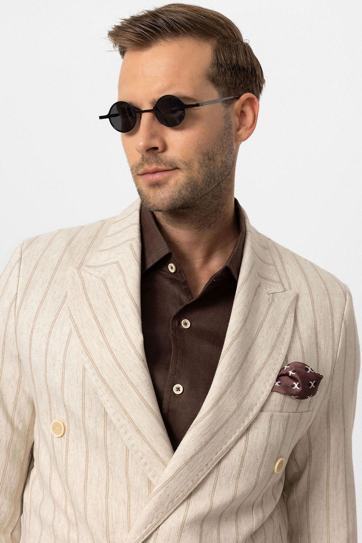 Men's Ecru-Mink Vizon Linen Blend Double-Breasted Jacket - Wessi