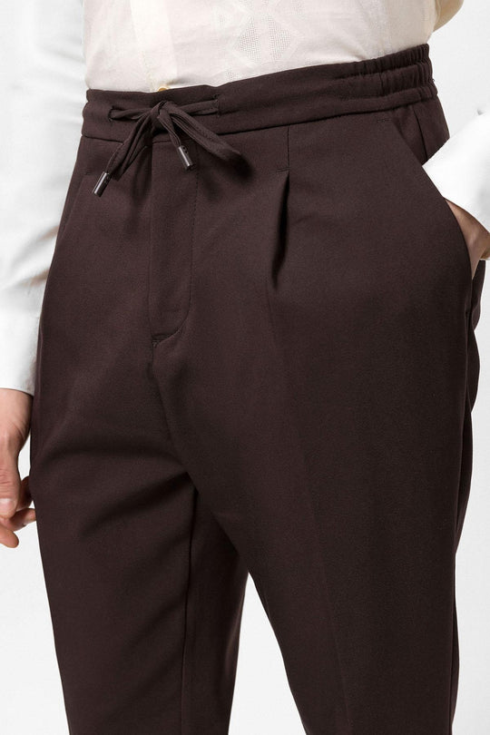Men's Brown Elastic Waist Pleated  Trousers - Wessi