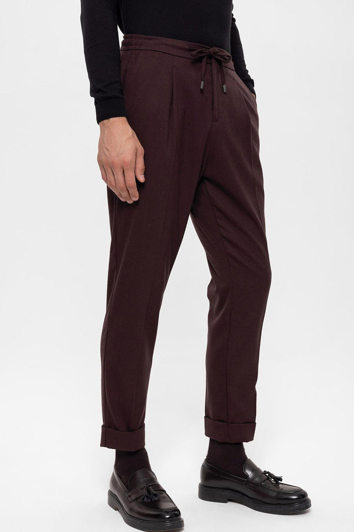 Men's Burgundy Elastic Waist Pleated  Trousers - Wessi