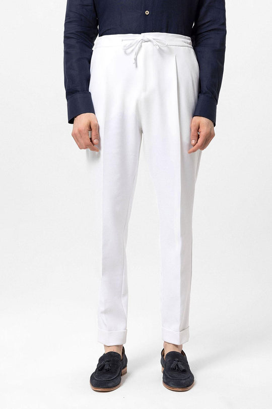 Men's White Elastic Waist Pleated Trousers - Wessi Wessi - Discover Diversity Men's White Elastic Waist Pleated Trousers - Wessi Wessi - Discover Diversity