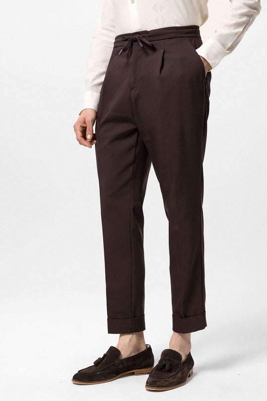 Men's Brown Elastic Waist Pleated  Trousers - Wessi