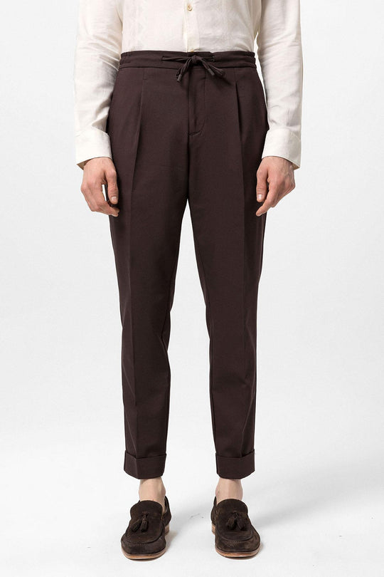 Men's Brown Elastic Waist Pleated  Trousers - Wessi