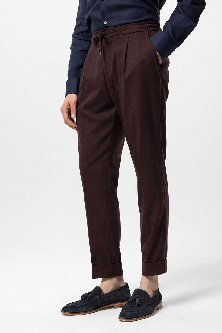 Men's Burgundy Elastic Waist Pleated  Trousers - Wessi