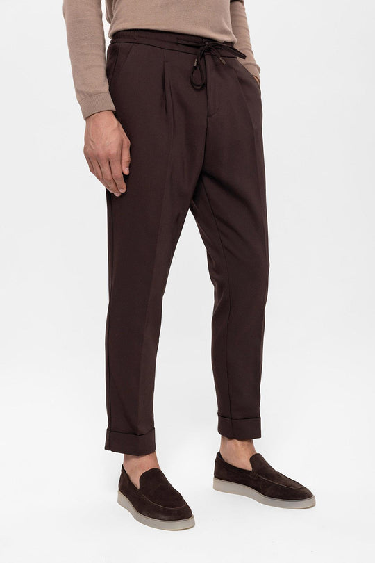 Men's Brown Elastic Waist Pleated  Trousers - Wessi