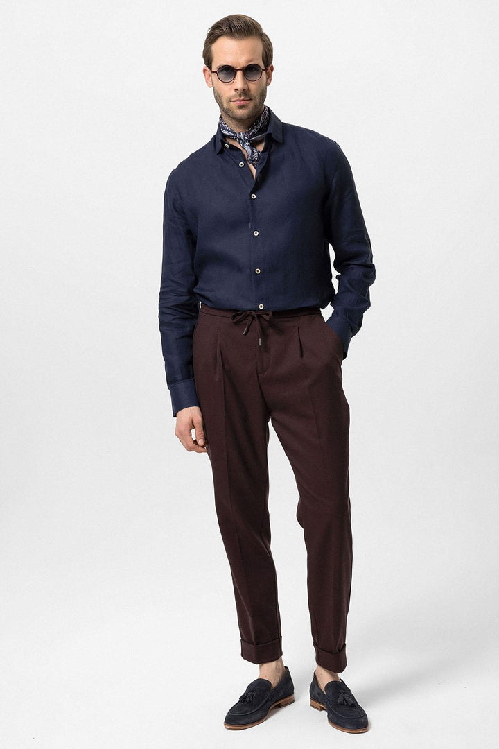 Men's Burgundy Elastic Waist Pleated  Trousers - Wessi