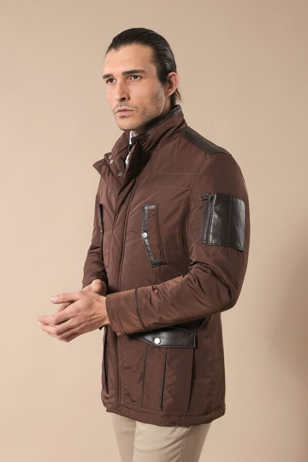 Veste matelassée coupe slim marron modelée en cuir - Wessi