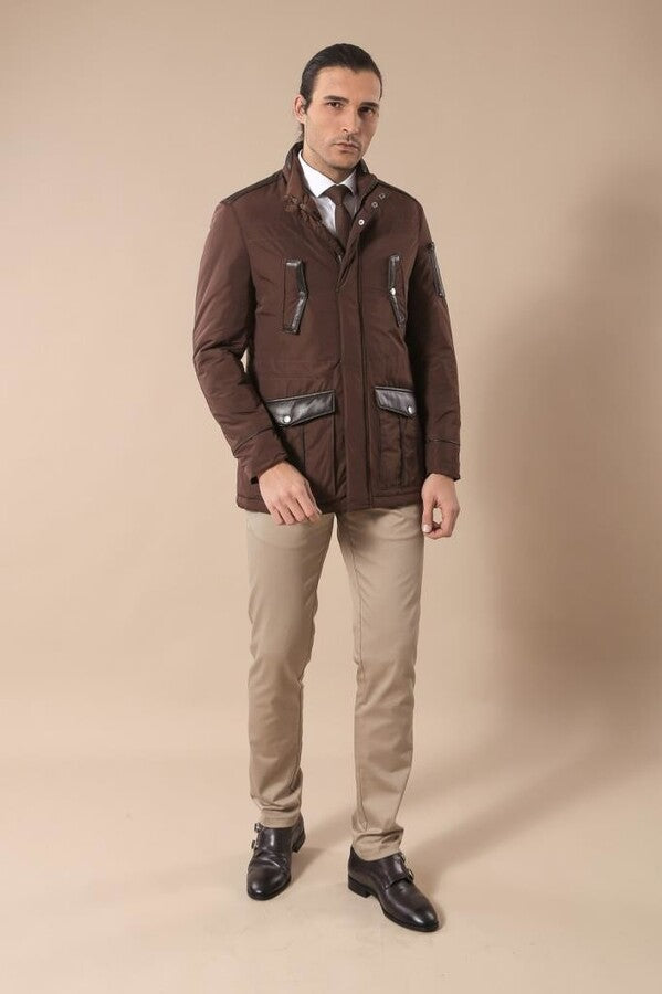 Veste matelassée coupe slim marron modelée en cuir - Wessi