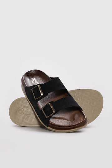 Black Twin-Strap Buckle Slide Sandals for Men | Wessi