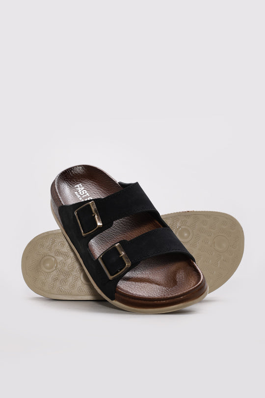 Black Twin-Strap Buckle Slide Sandals for Men | Wessi