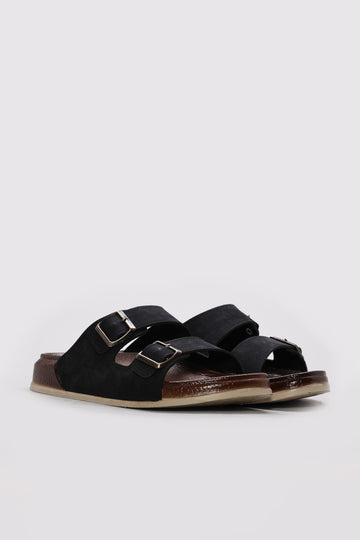 Black Twin-Strap Buckle Slide Sandals for Men | Wessi