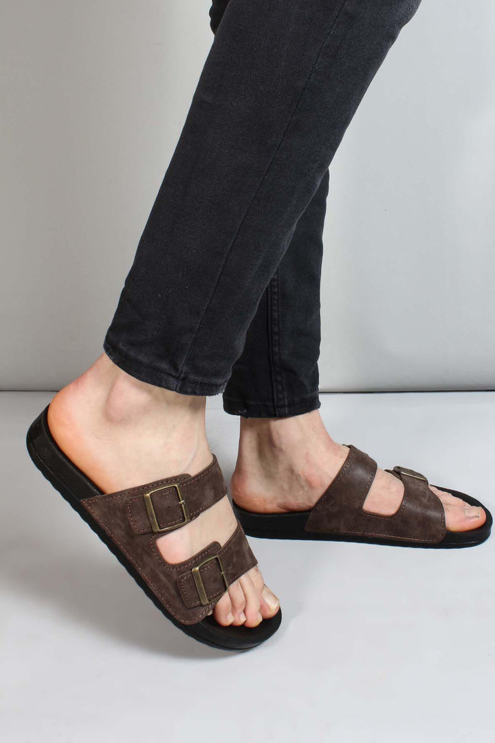 Men's Brown Suede Double-Strap Slide Sandals with Buckles - Wessi