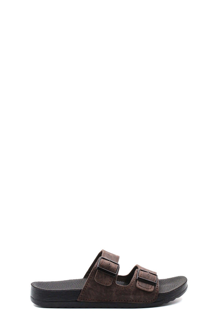 Men's Brown Suede Double-Strap Slide Sandals with Buckles - Wessi
