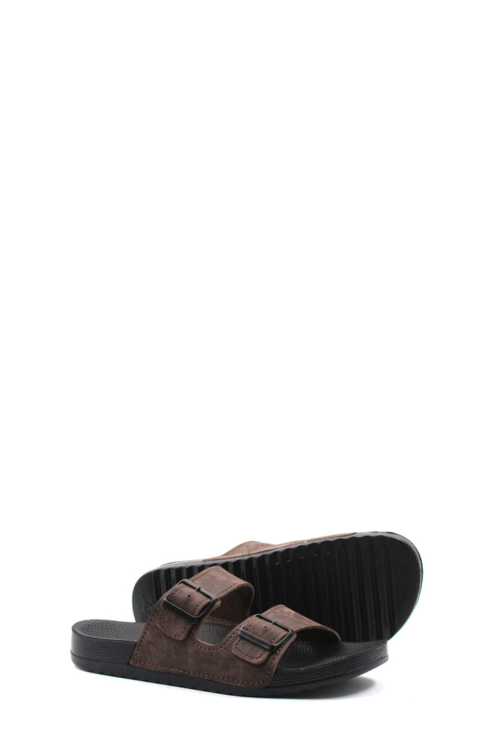 Men's Brown Suede Double-Strap Slide Sandals with Buckles - Wessi
