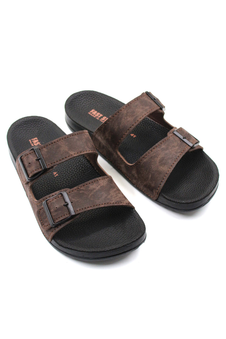 Men's Brown Suede Double-Strap Slide Sandals with Buckles - Wessi