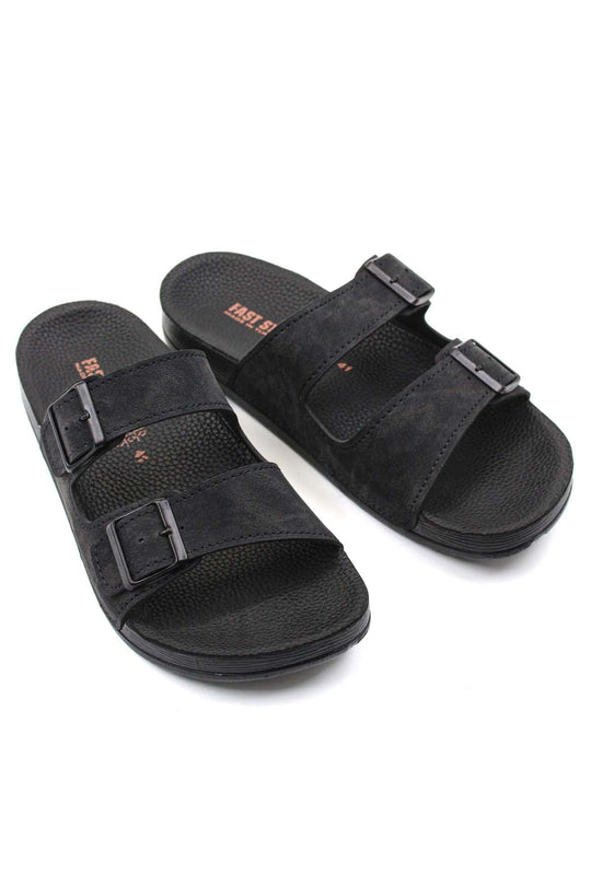 Men's Black Double-Strap Slide Sandals with Adjustable Buckles - Wessi