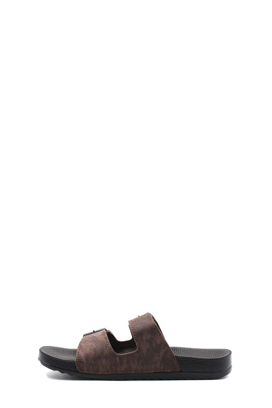 Men's Brown Suede Double-Strap Slide Sandals with Buckles - Wessi