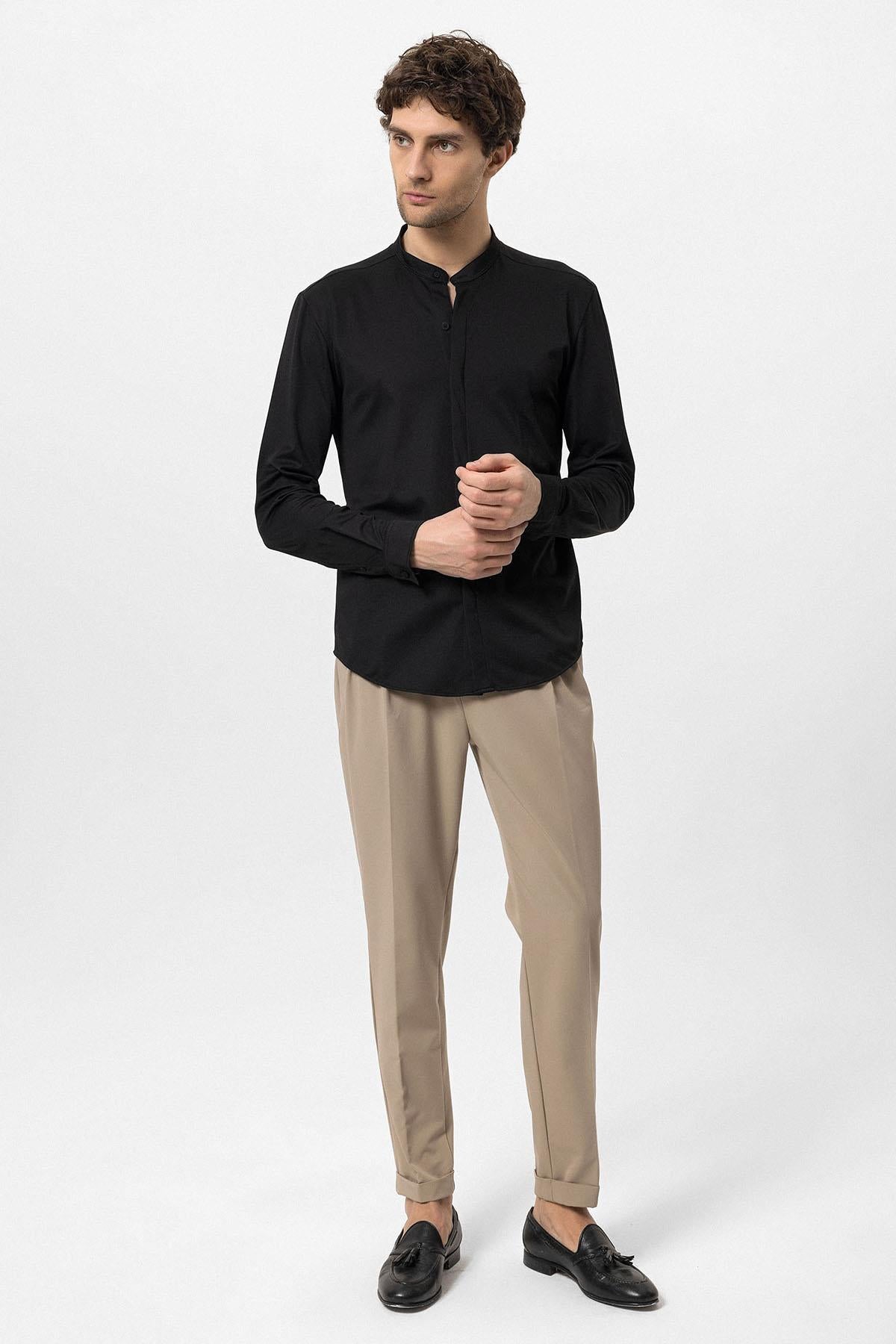 低価格の Button Hidden Collar Classic Black Men's Long Slim Sleeve ミュージシャン