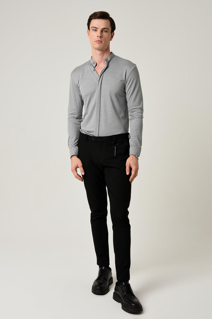 Men's Grey Classic Collar Hidden Button Long Sleeve Slim Fit Shirt - Wessi