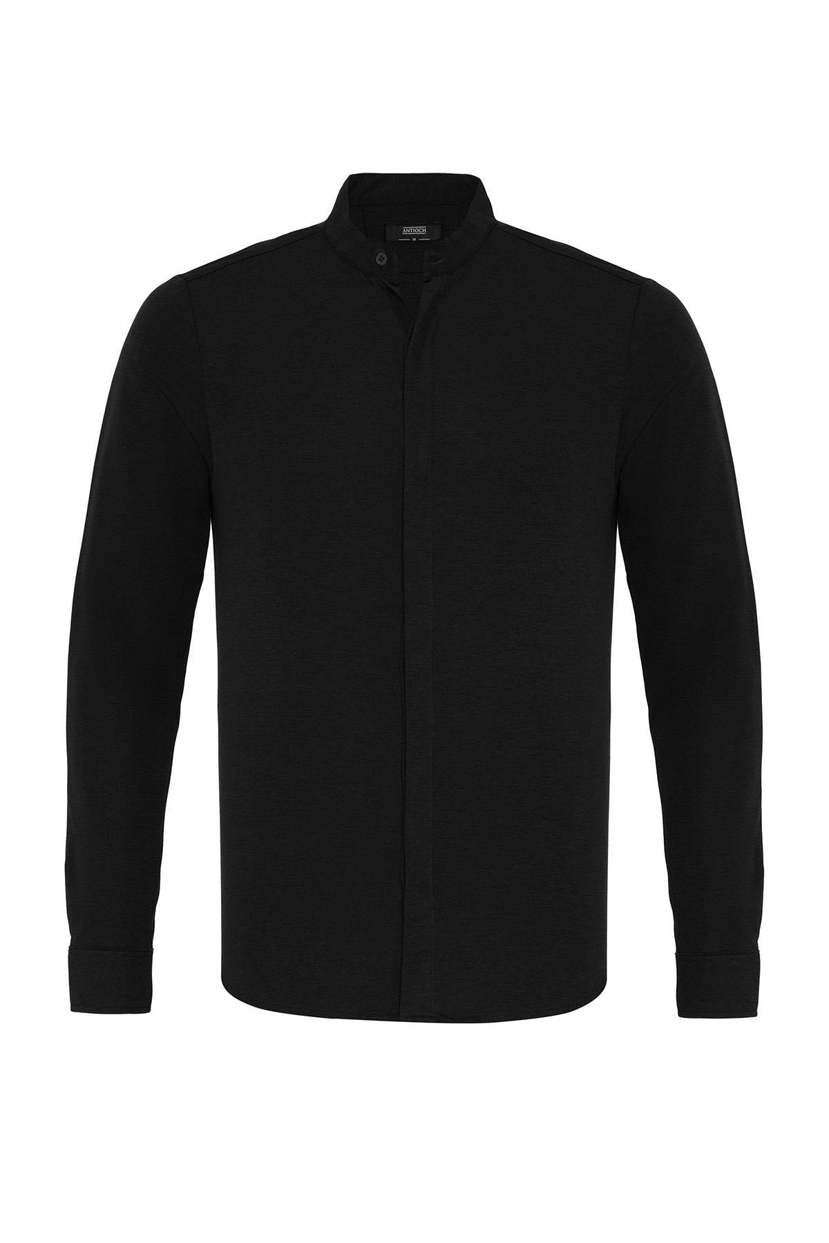 Men's Black Classic Collar Hidden Button Long Sleeve Slim