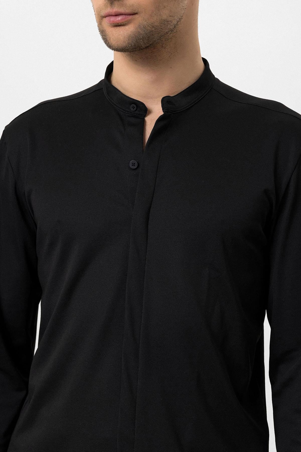 Men's Black Classic Collar Hidden Button Long Sleeve Slim