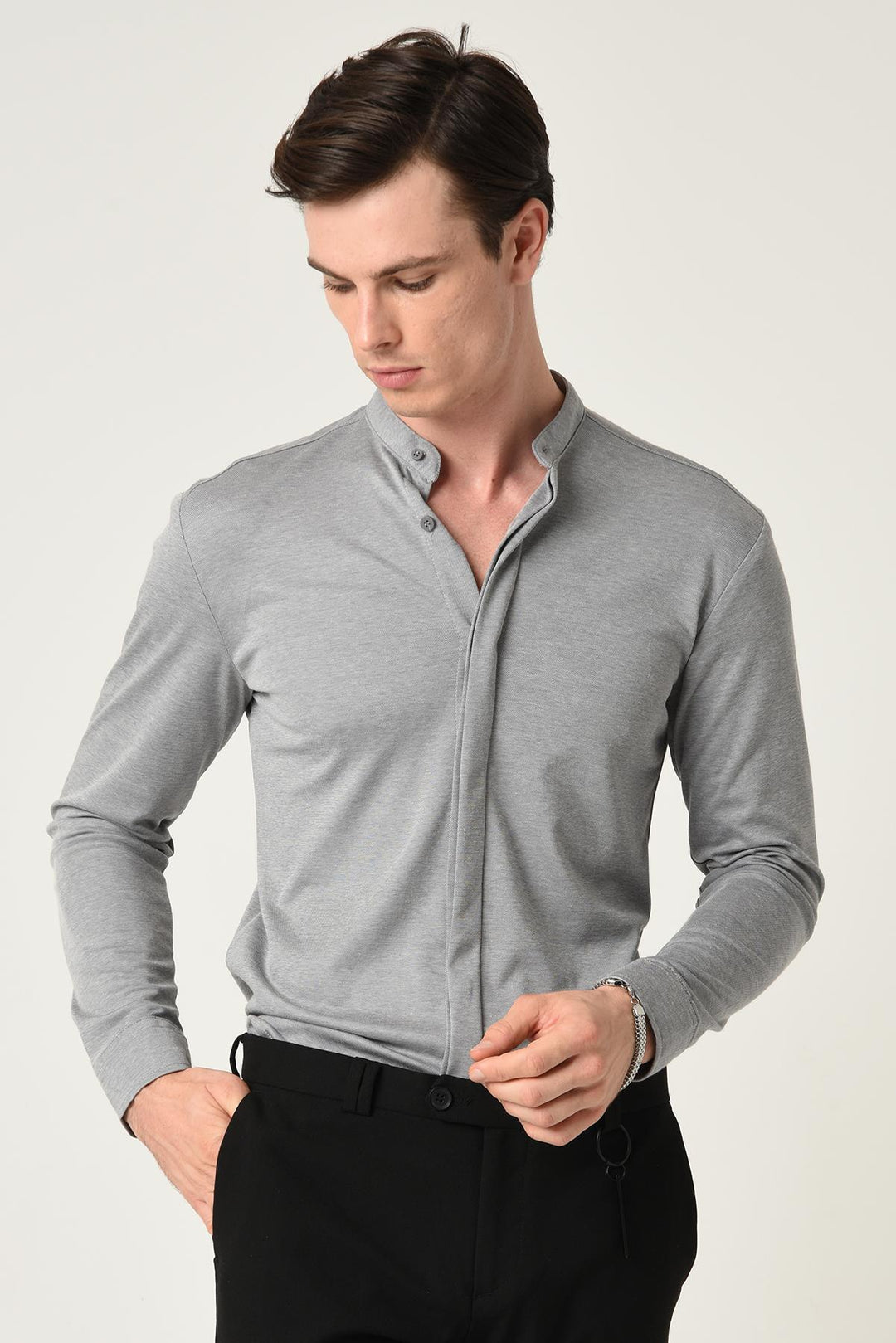 Men's Grey Classic Collar Hidden Button Long Sleeve Slim Fit Shirt - Wessi