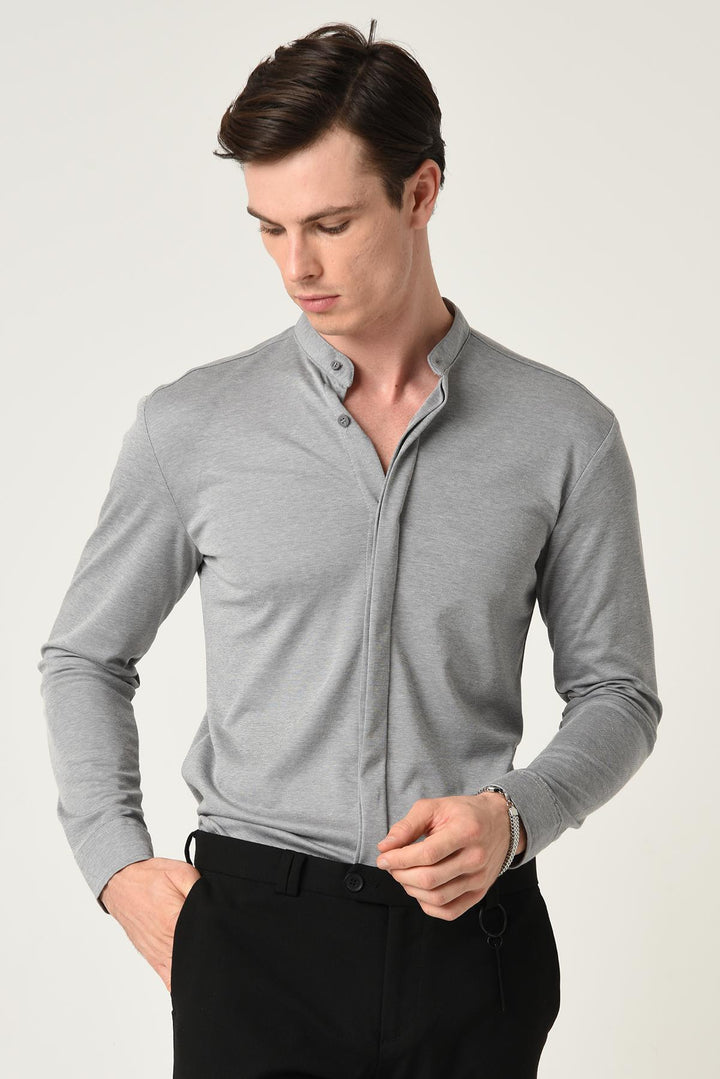 Men's Grey Classic Collar Hidden Button Long Sleeve Slim Fit Shirt - Wessi