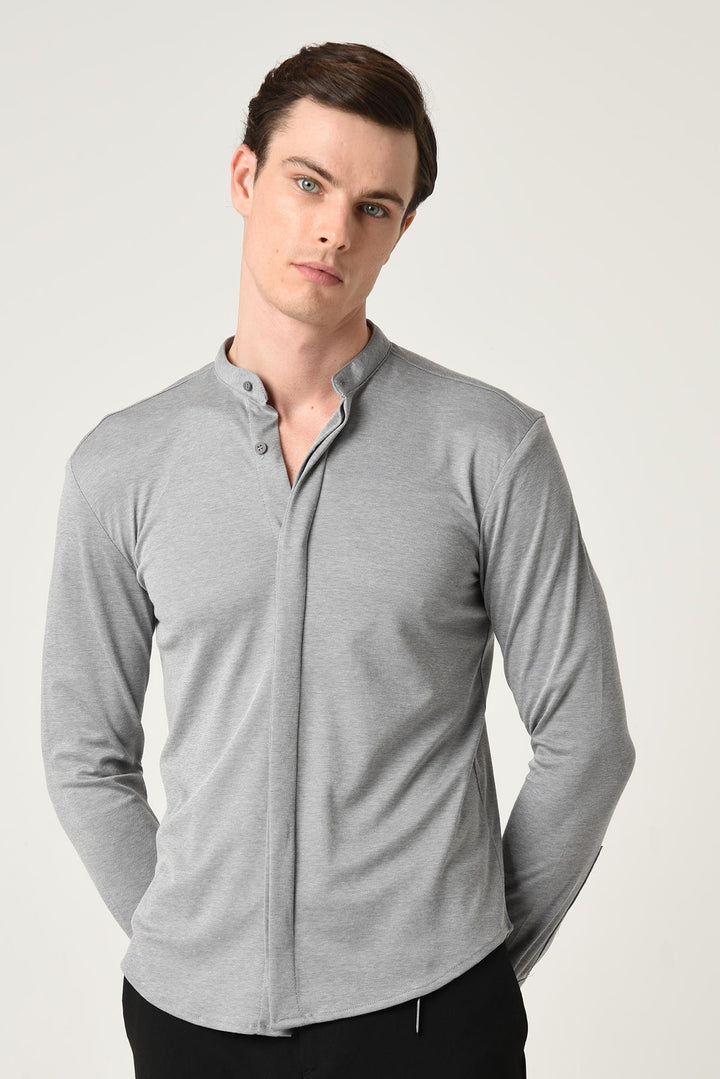 Men's Grey Classic Collar Hidden Button Long Sleeve Slim Fit Shirt - Wessi