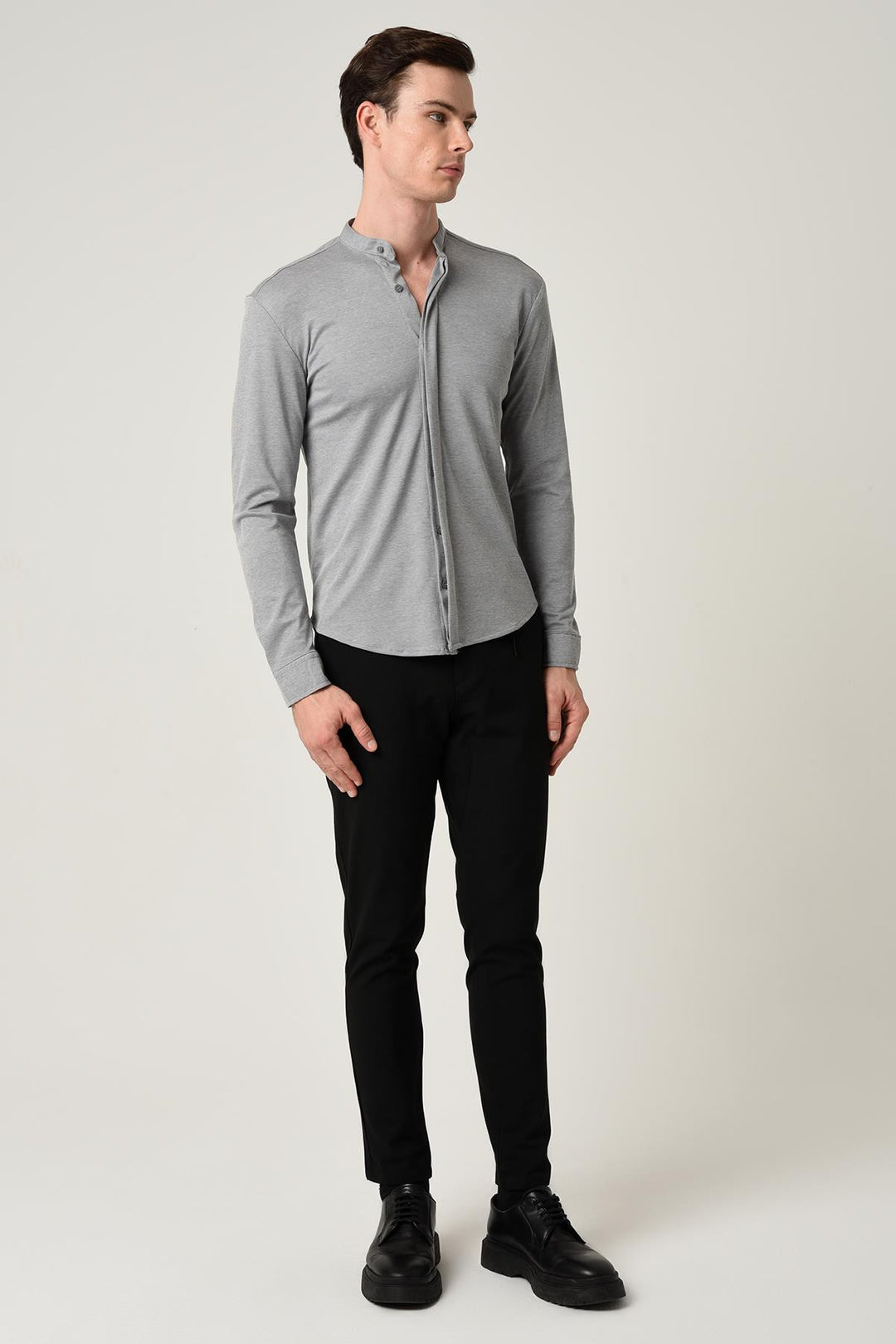 Men's Grey Classic Collar Hidden Button Long Sleeve Slim Fit Shirt - Wessi