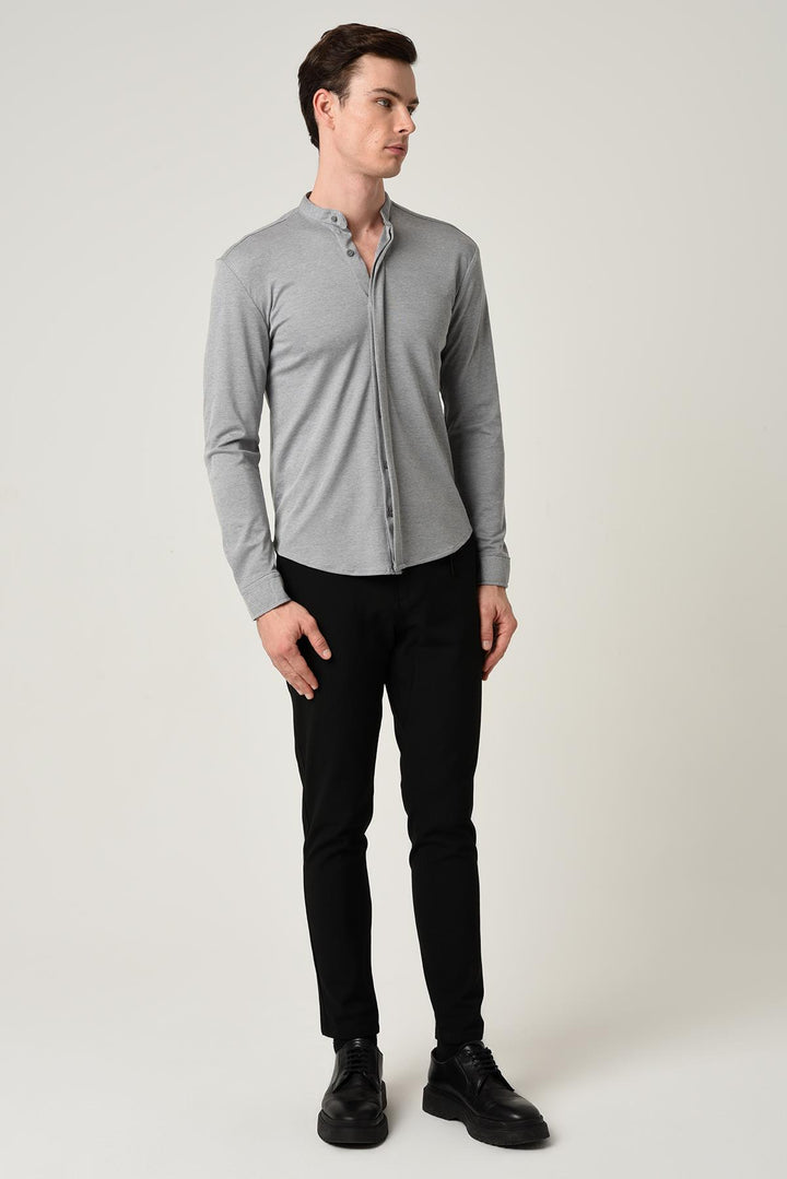 Men's Grey Classic Collar Hidden Button Long Sleeve Slim Fit Shirt - Wessi