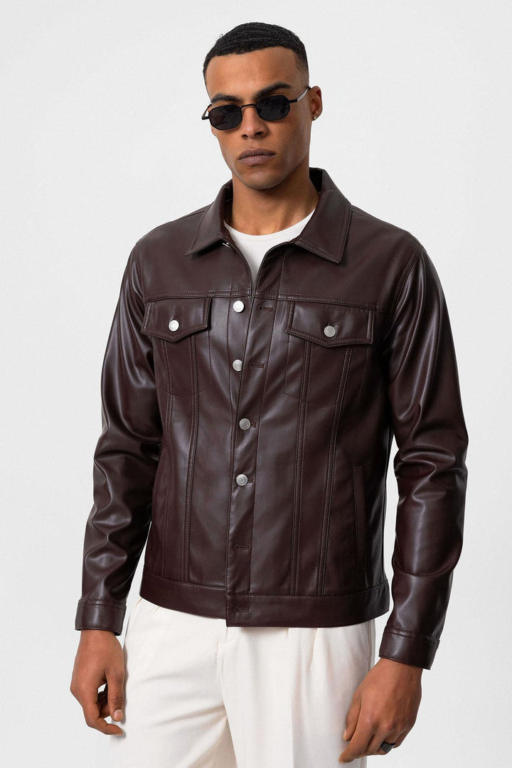 Men's Brown Slim Fit Buttoned Leather Jacket - Wessi