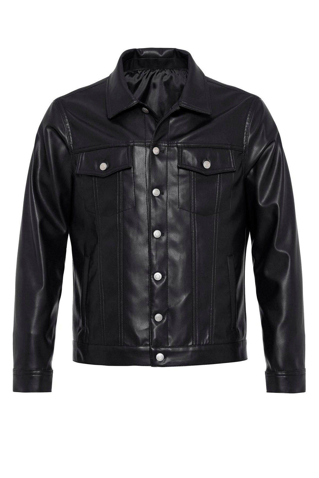 Men's Black Slim Fit Buttoned Leather Jacket - Wessi