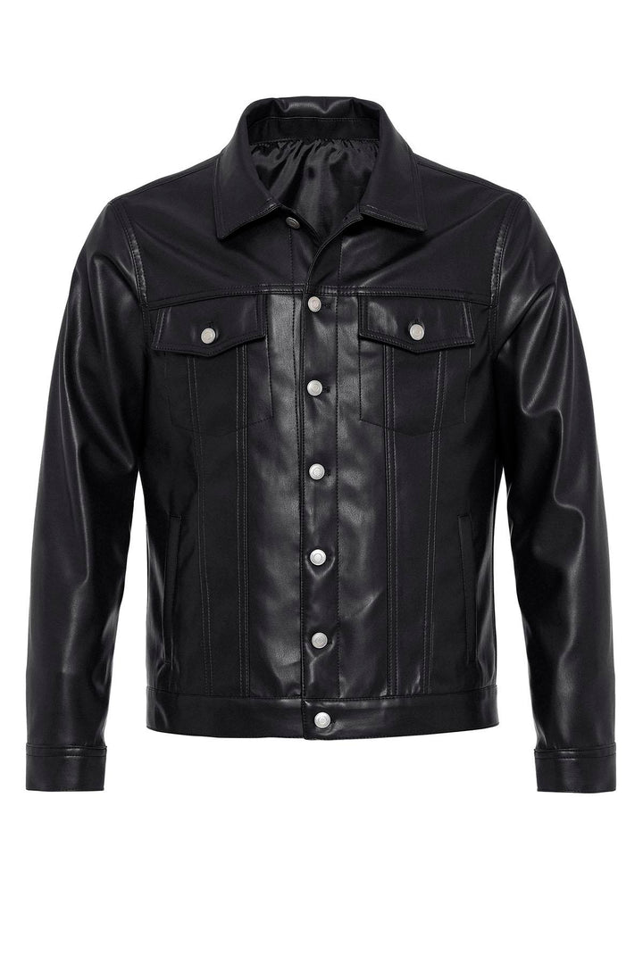 Men's Black Slim Fit Buttoned Leather Jacket - Wessi