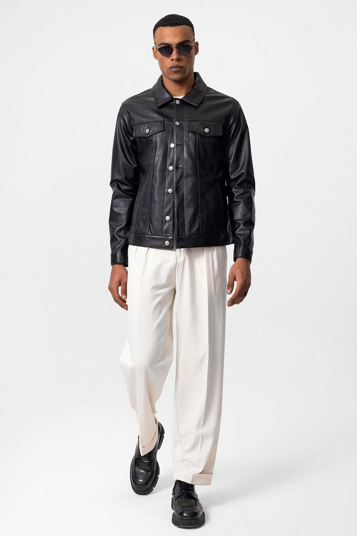 Men's Black Slim Fit Buttoned Leather Jacket - Wessi