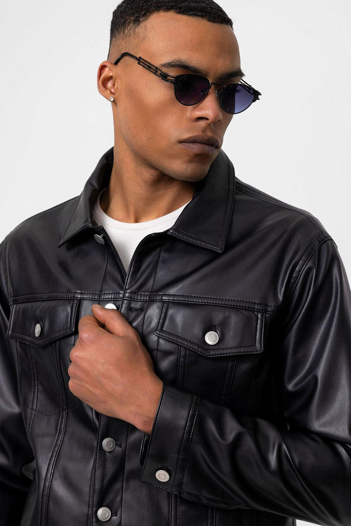 Men's Black Slim Fit Buttoned Leather Jacket - Wessi