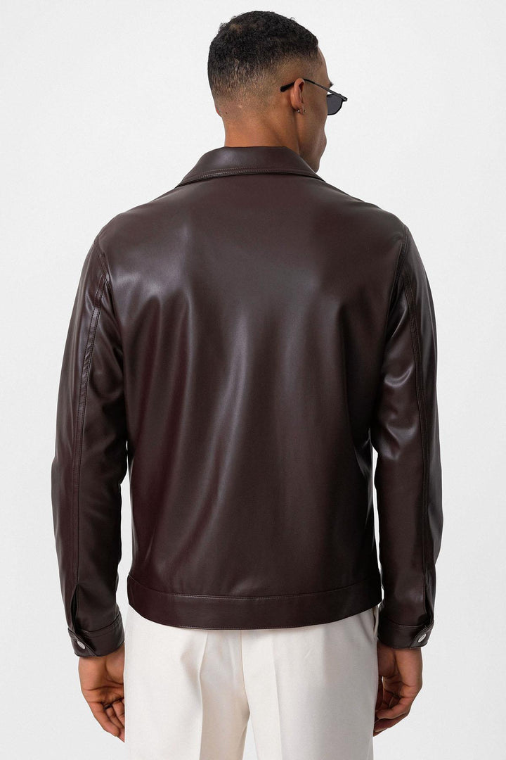 Men's Brown Slim Fit Buttoned Leather Jacket - Wessi