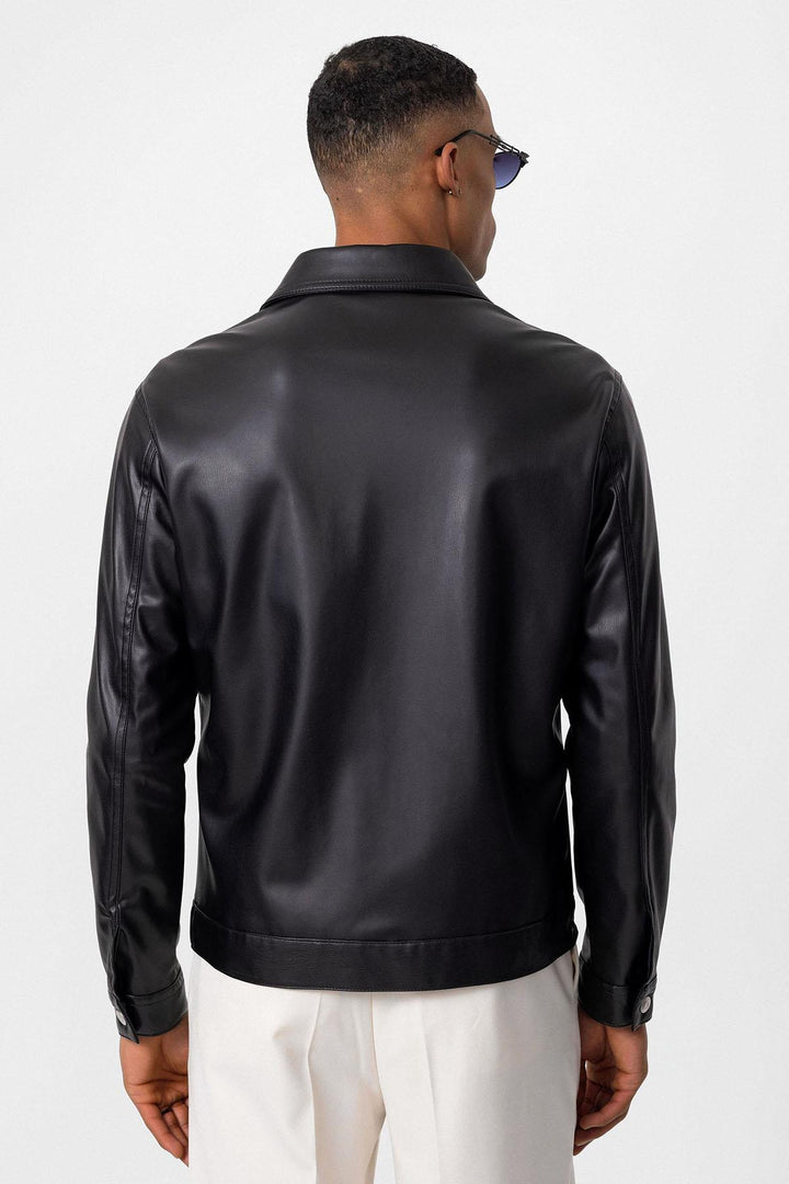 Men's Black Slim Fit Buttoned Leather Jacket - Wessi