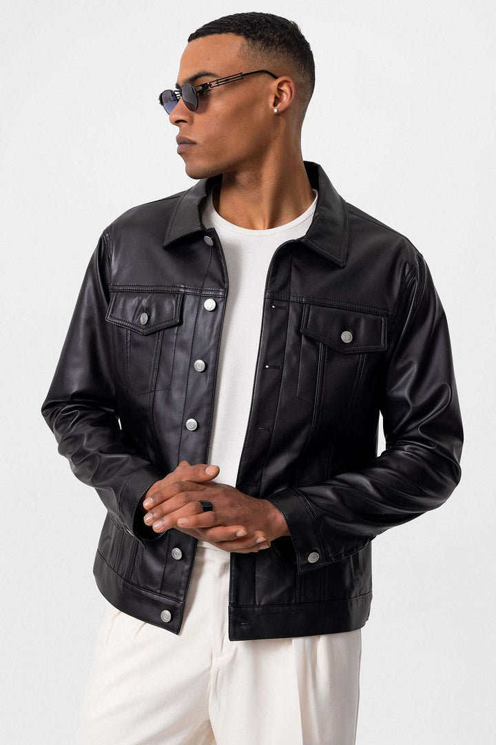 Men's Black Slim Fit Buttoned Leather Jacket - Wessi