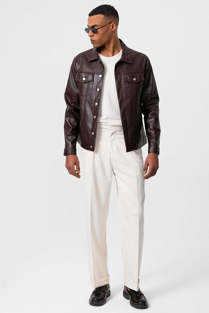 Men's Brown Slim Fit Buttoned Leather Jacket - Wessi