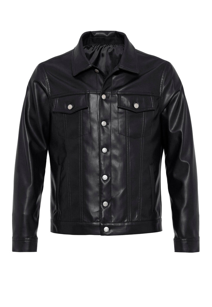 Men's Black Slim Fit Buttoned Leather Jacket - Wessi