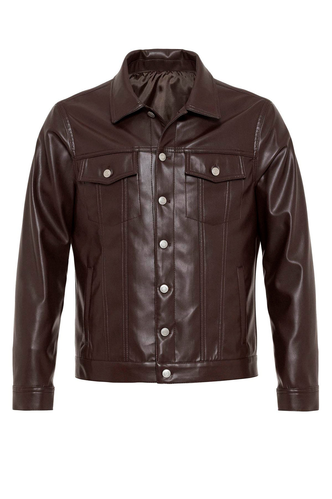 Men's Brown Slim Fit Buttoned Leather Jacket - Wessi