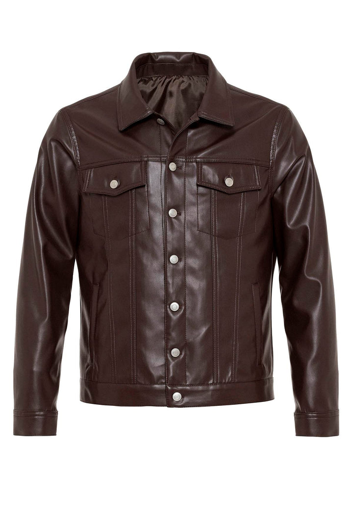 Men's Brown Slim Fit Buttoned Leather Jacket - Wessi