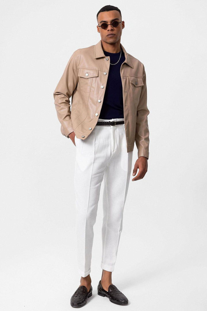 Men's Light Beige Slim Fit Buttoned Leather Jacket - Wessi