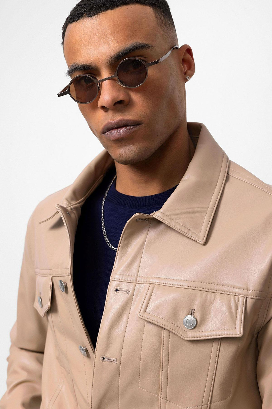 Men's Light Beige Slim Fit Buttoned Leather Jacket - Wessi