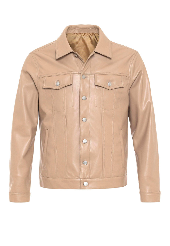 Men's Light Beige Slim Fit Buttoned Leather Jacket - Wessi